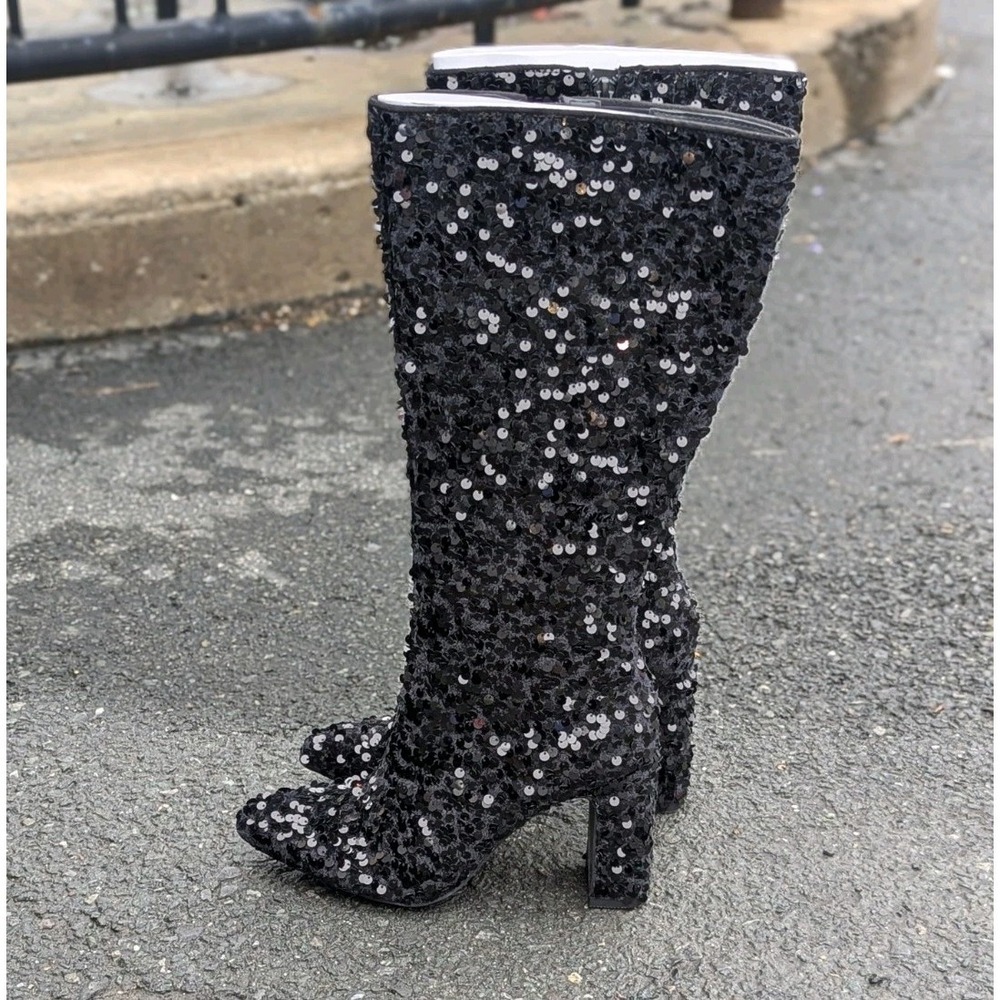 Glam Party Sequin Knee High Boots Madden NYC Black Block Heel‎ NIB Size 6